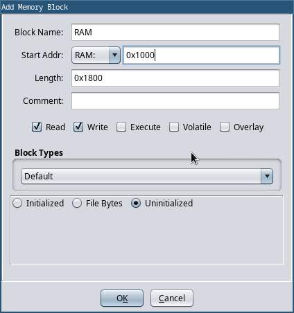 A screenshot showing adding the RAM memory map block in Ghidra