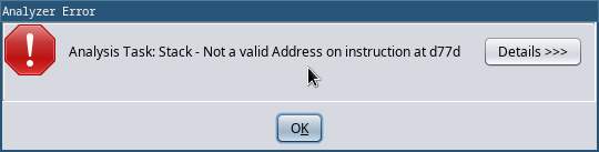 A screenshot from Ghidra showing the expected 'analyzer error' message